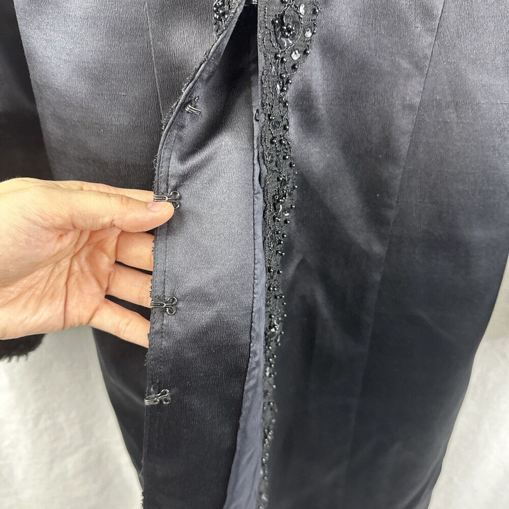 Hype Vintage Faux Fur Sequin Trim Black Silk Goth Evening Long Jacket Womens 8 - Picture 9 of 15